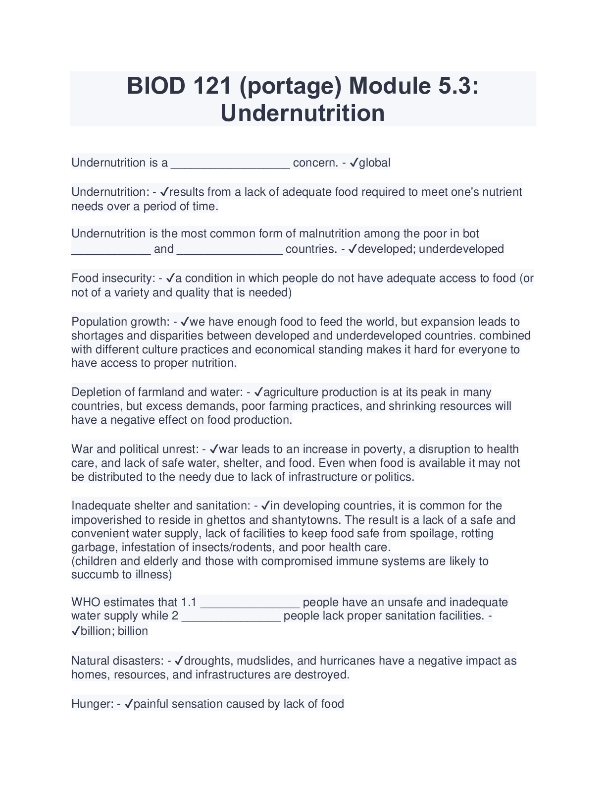 Preview image for BIOD 121 (portage) Module 5.3: Undernutrition (Latest 2023/2024) Complete Solutions